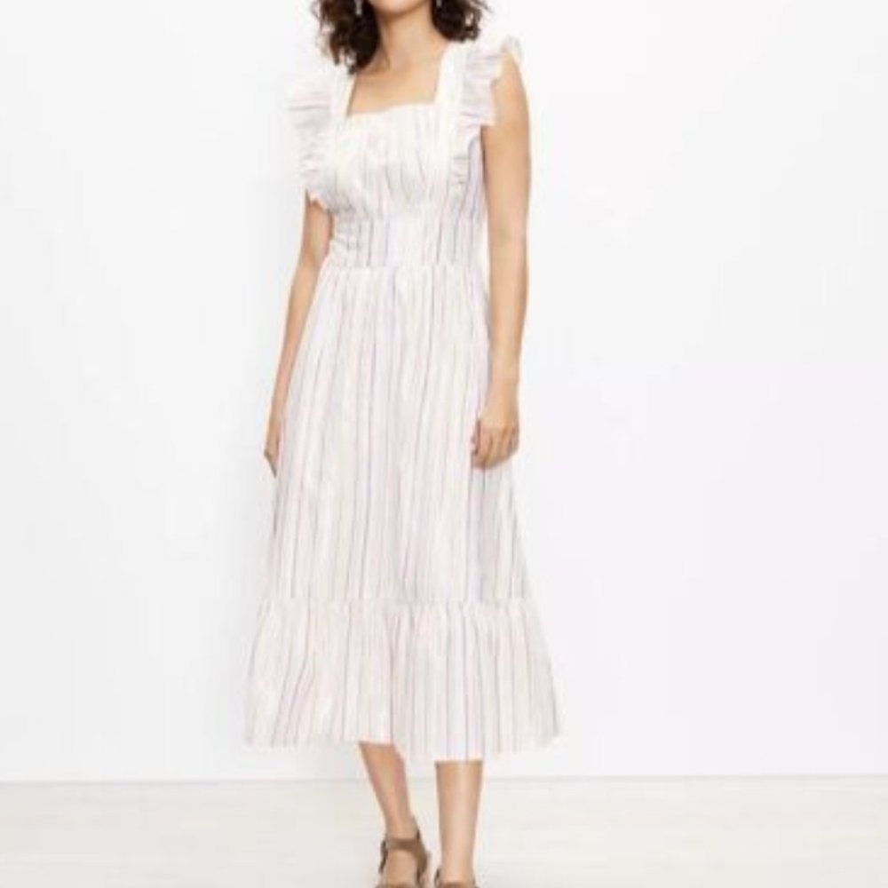 LOFT checked ruffle cutout back midi dress